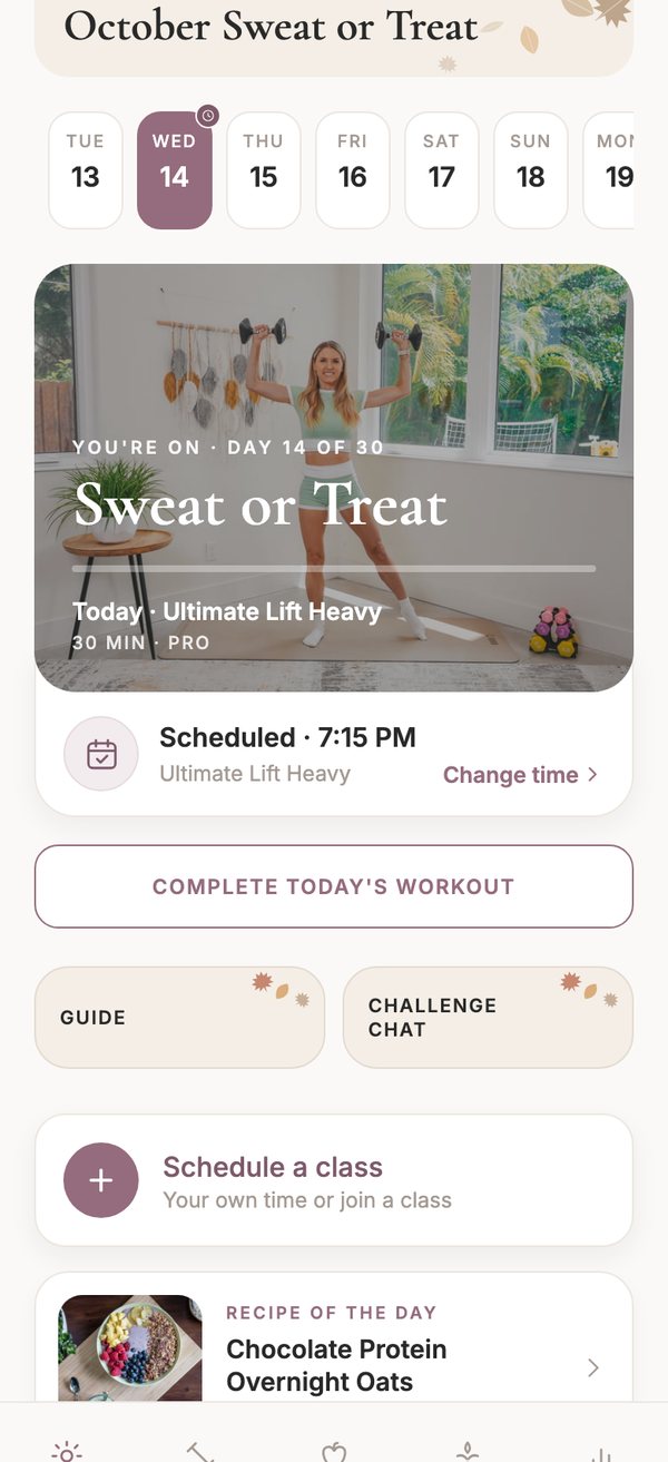 BURN app Today screen with a workout scheduled for 7:15 pm