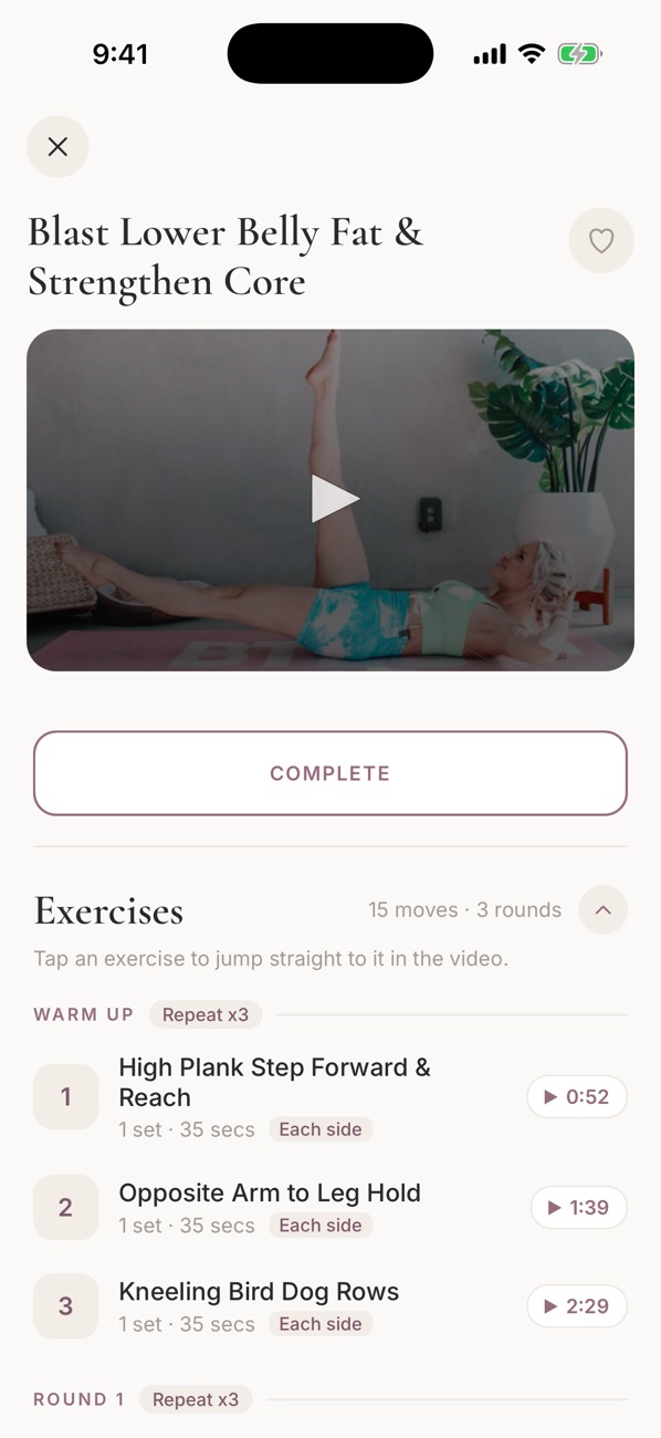 BURN app workout with the Exercises list open on iPhone