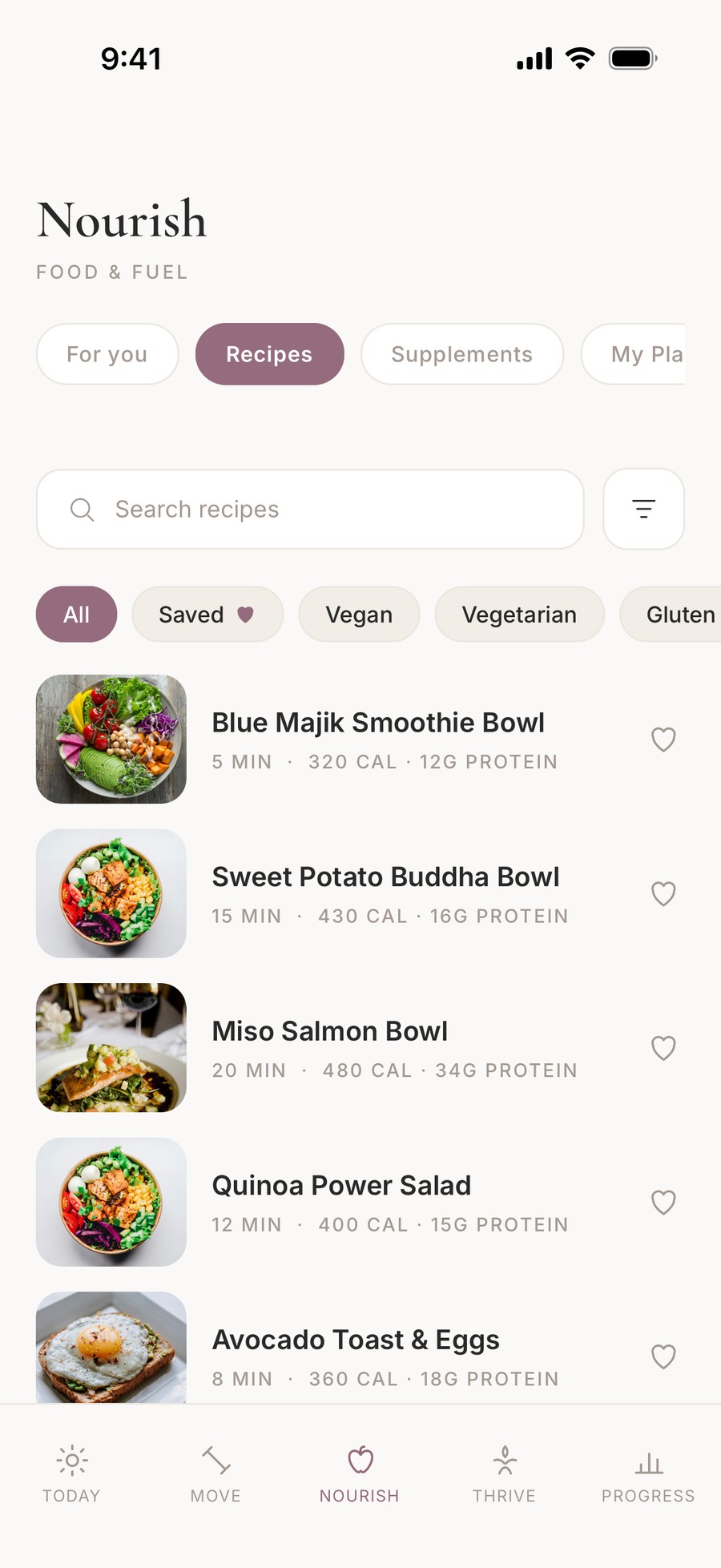 BURN app Nourish screen on iPhone