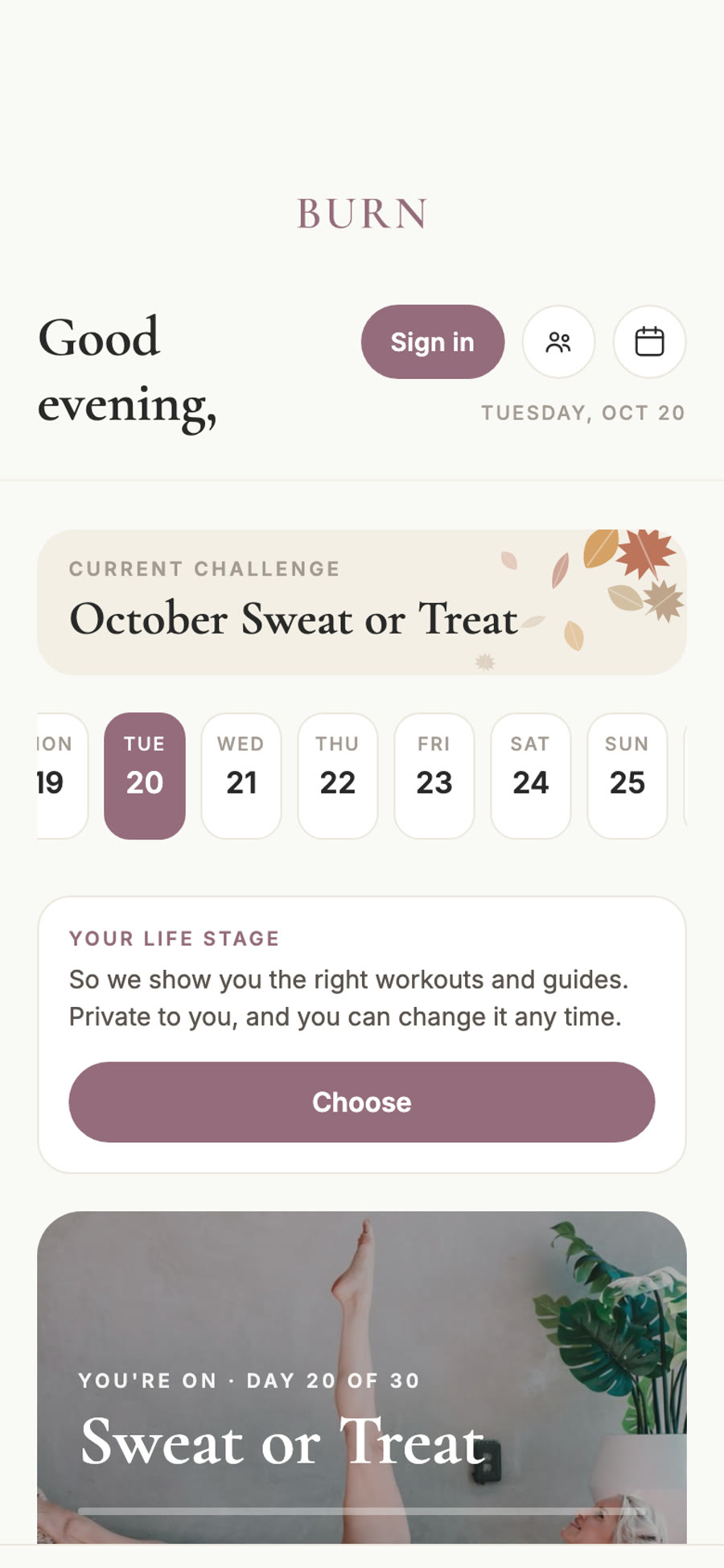 BURN app Today screen on iPhone